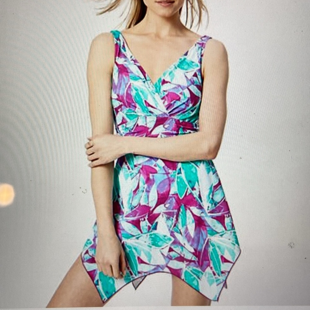 Denim & Co. Beach V Neck Handkerchief Hem Swim Dress Aqua Abstract Palm 10 New - Picture 2 of 15